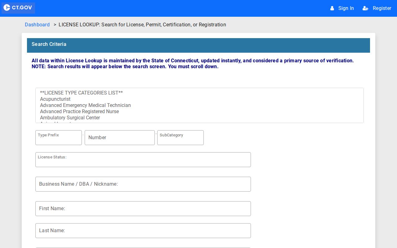 Shelton residents directory view of Connecticut eLicense lookup