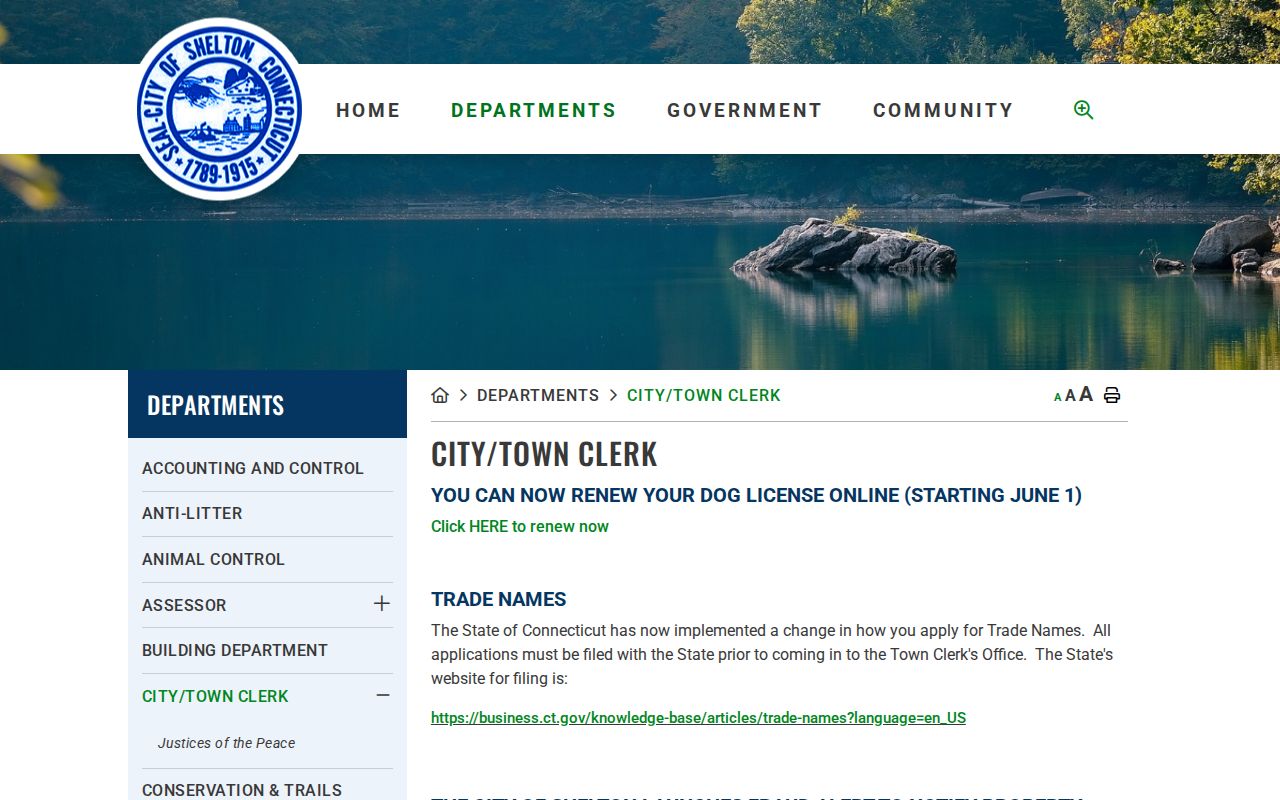 Shelton residents directory view of Shelton City Town Clerk records